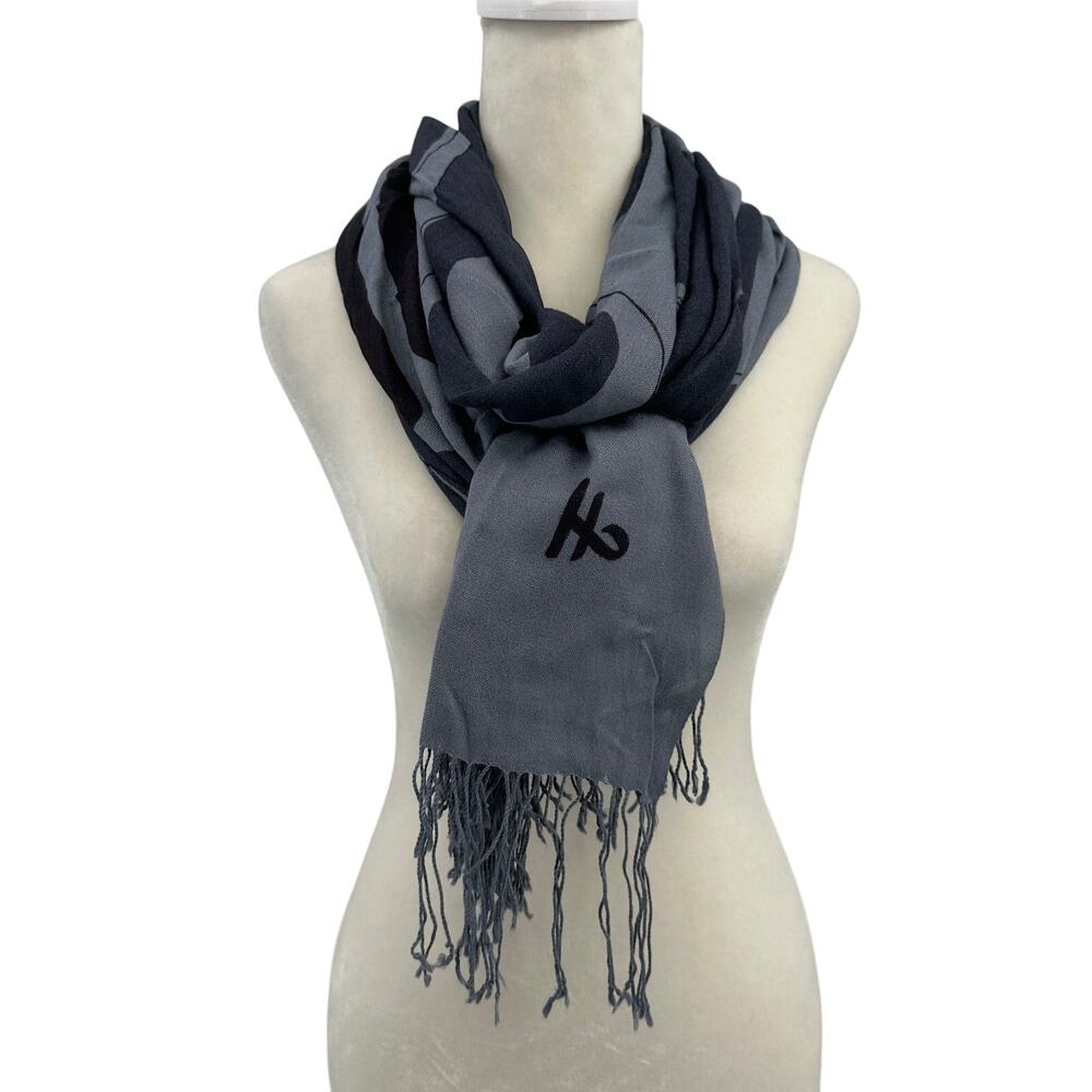 Corrine Hunt Scarf Gray Black Abstract Fringe Wrap Shawl Wool Blend Minimalist - Picture 3 of 10